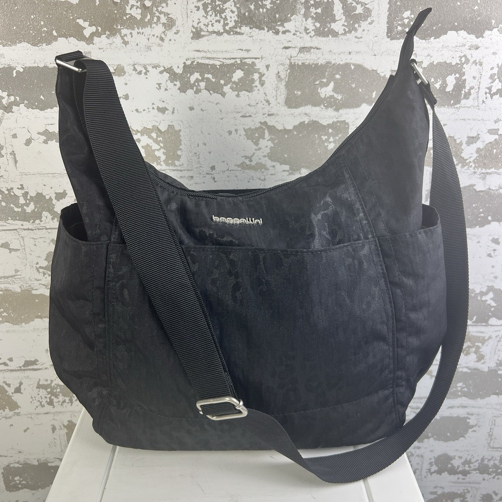 Baggallini Essentials Hobo Crossbody Tote Bag Purse Black Cheetah Pattern